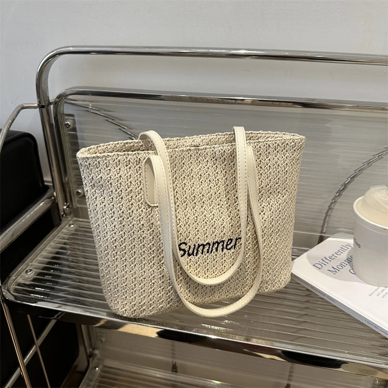 Women's Medium Straw Letter Vacation Beach Weave Zipper Straw Bag