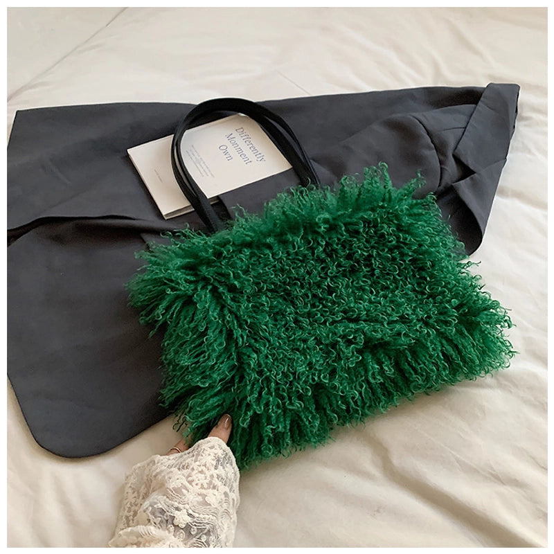 Women's Large Pu Leather Plush Solid Color Elegant Streetwear Square Magnetic Buckle Tote Bag