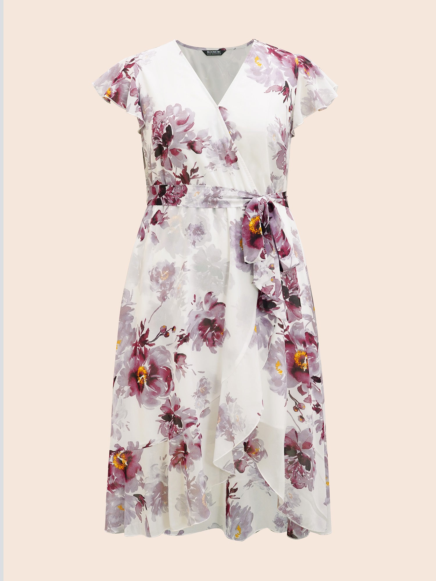 Floral Overlap Collar Ruffle Cap Sleeve Dress