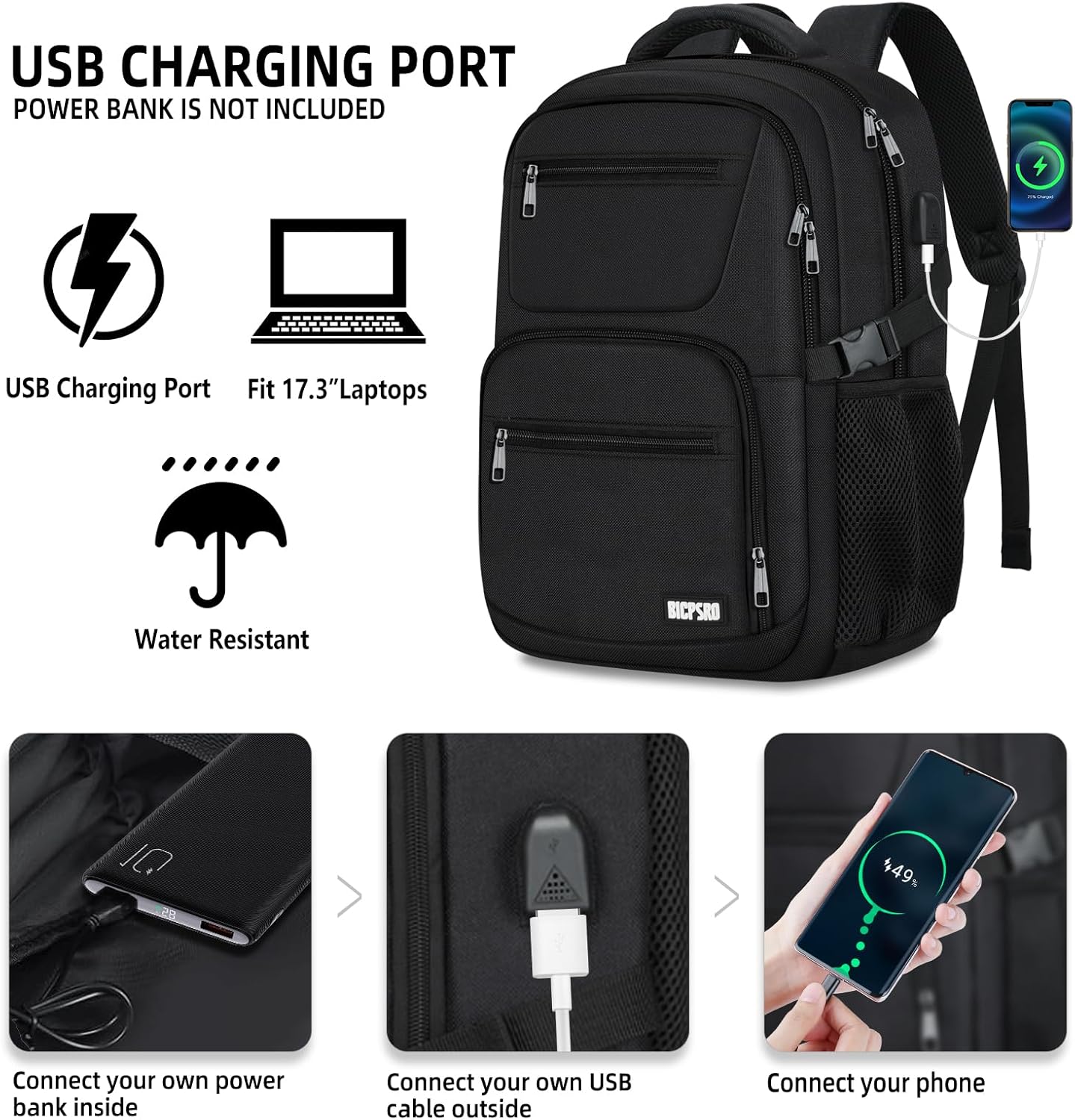 Black backpack for school, School Backpack for boys teens, Backpacks for men, College high middle school bookbag Fits15.6 Inch Laptop with USB Charging Port, Boys backpack, Book bag