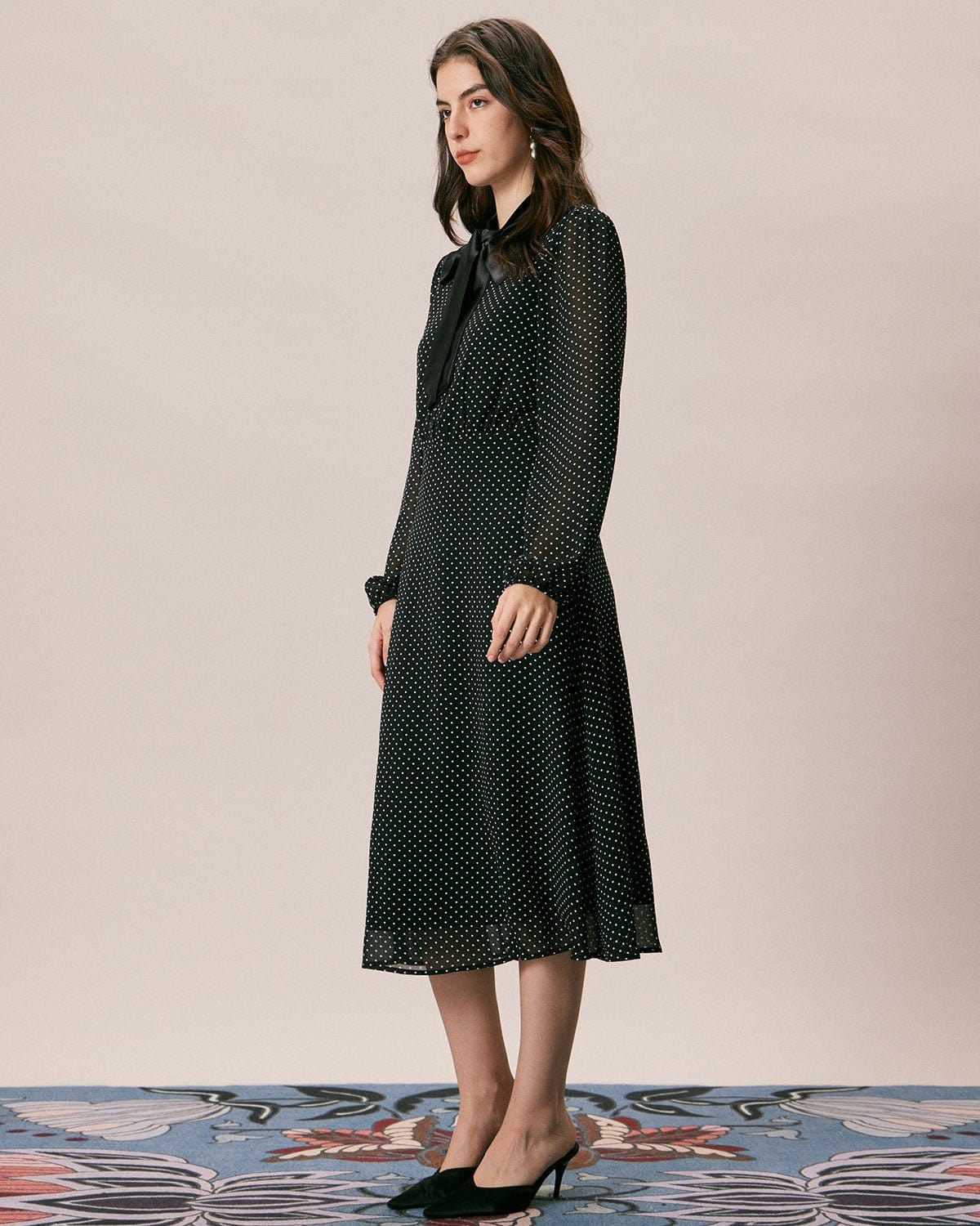 The Black Mock Neck Polka Dot Midi Dress