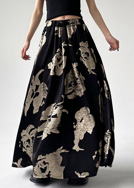 Chinese Style Black Print Elastic Waist A Line Skirts