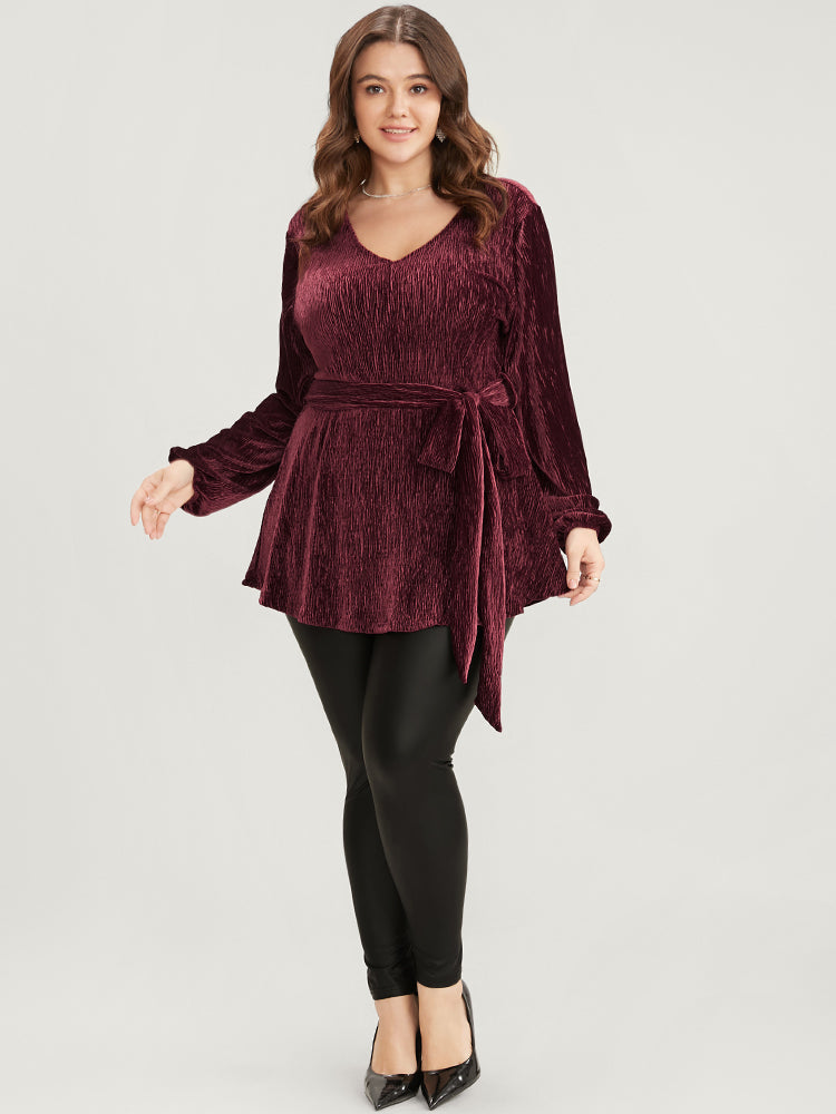 Glitter Textured Lantern Sleeve Belted Ruffle Blouse