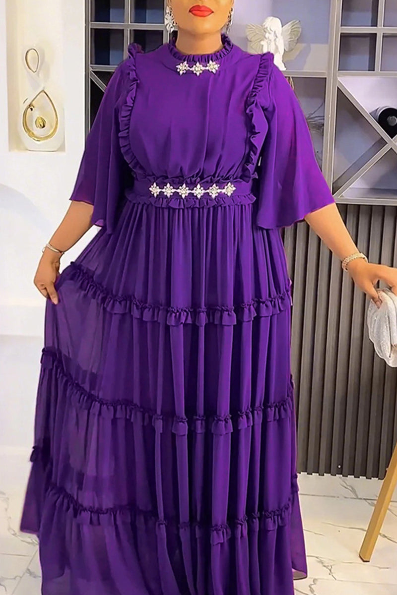 Elegant Solid Color Patchwork Zipper O Neck Long Plus Size Dresses