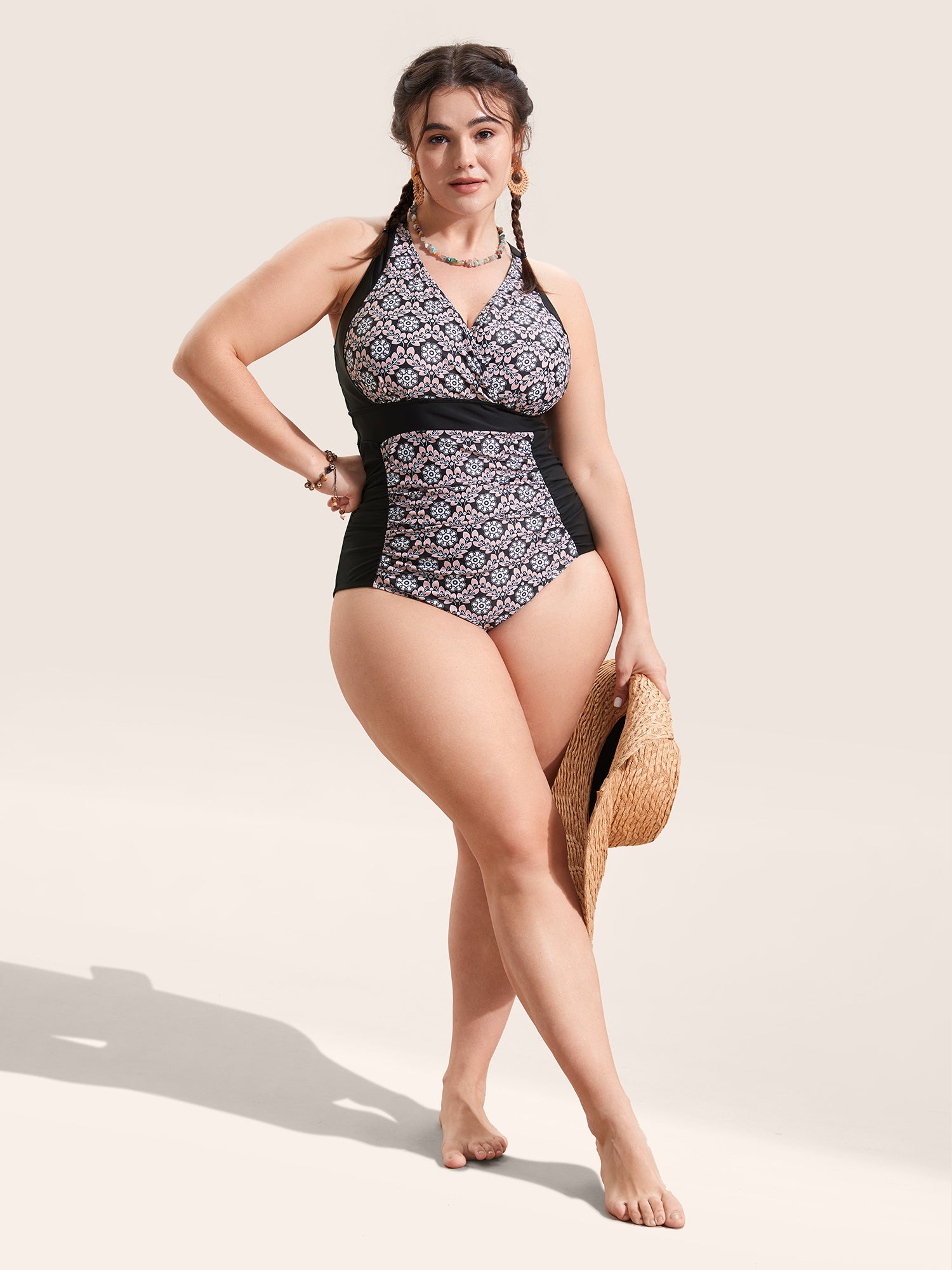 Overlap Collar Boho Print Patchwork One Piece Swimsuit