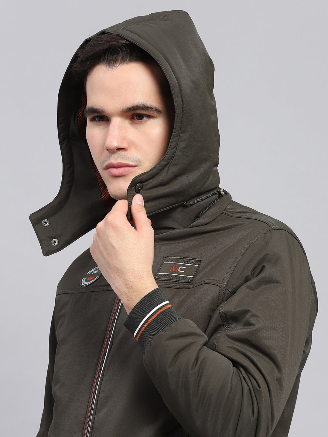 Men Olive Solid Detachable Hood Full Sleeve Jacket