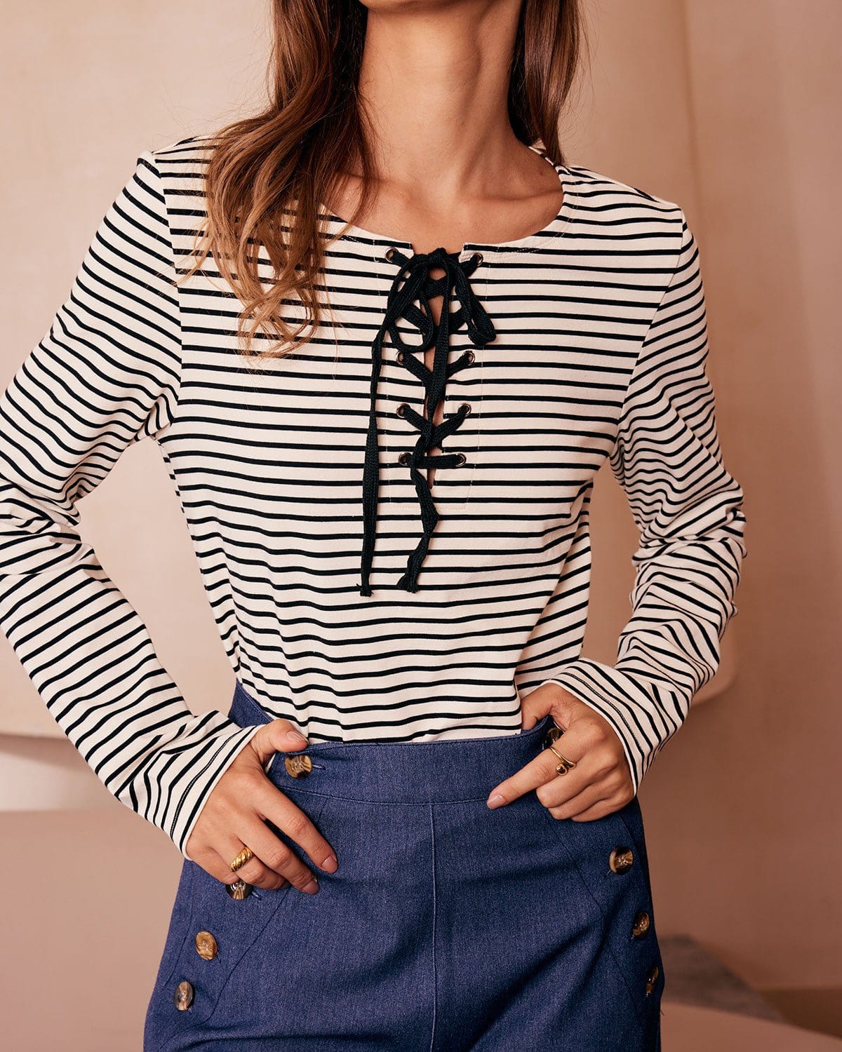 The White Tie Neck Striped Long Sleeve Tee