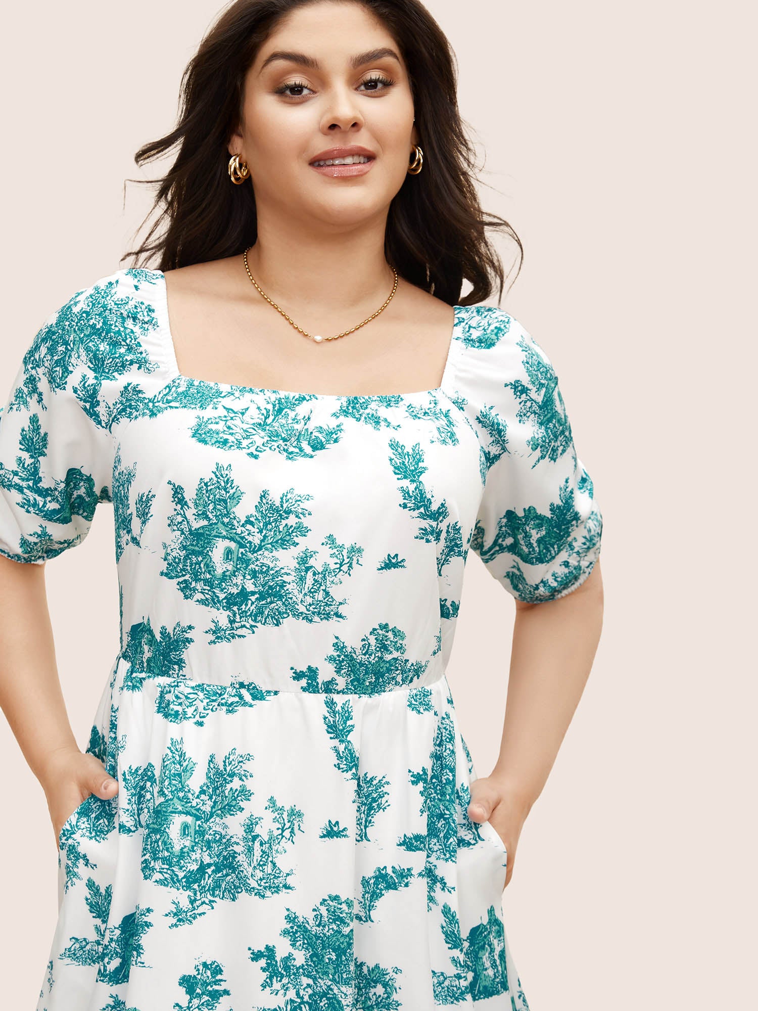 Square Neck Floral Gathered Midi Dress