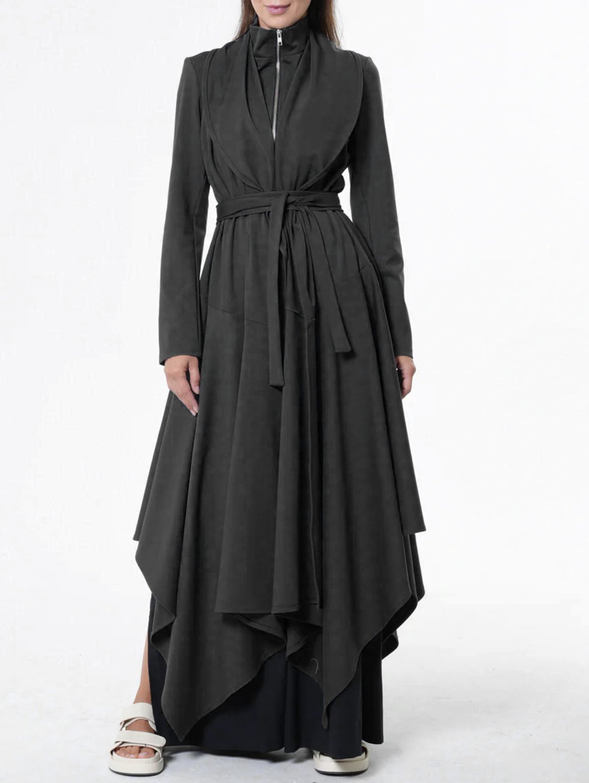 Stand Collar Half Zip Irregular Hem Belt Maxi Dress