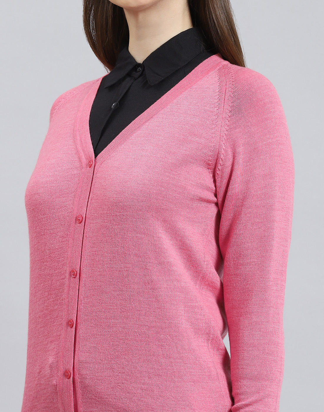 Women Pink Solid V Neck Full Sleeve Cardigan