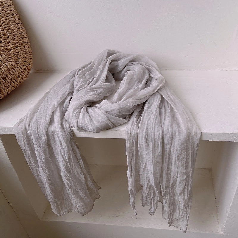 Pleated Retro Silk Scarf Women's Spring And Autumn Artistic Nostalgic Tie-Dye Scarf High-grade Solid Color Decorative Casual Scarf