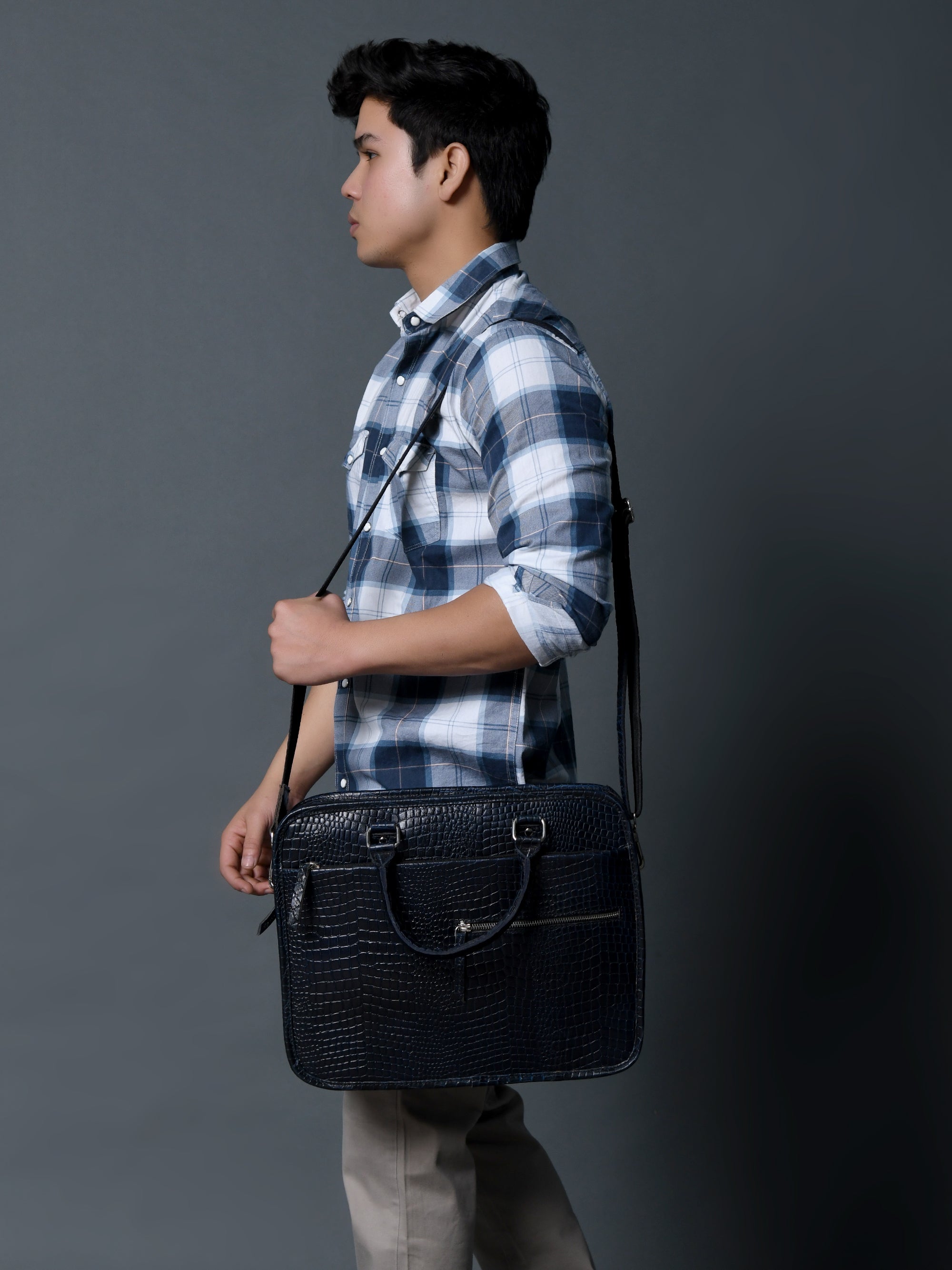 Croco Leather Computer Bag. Navy