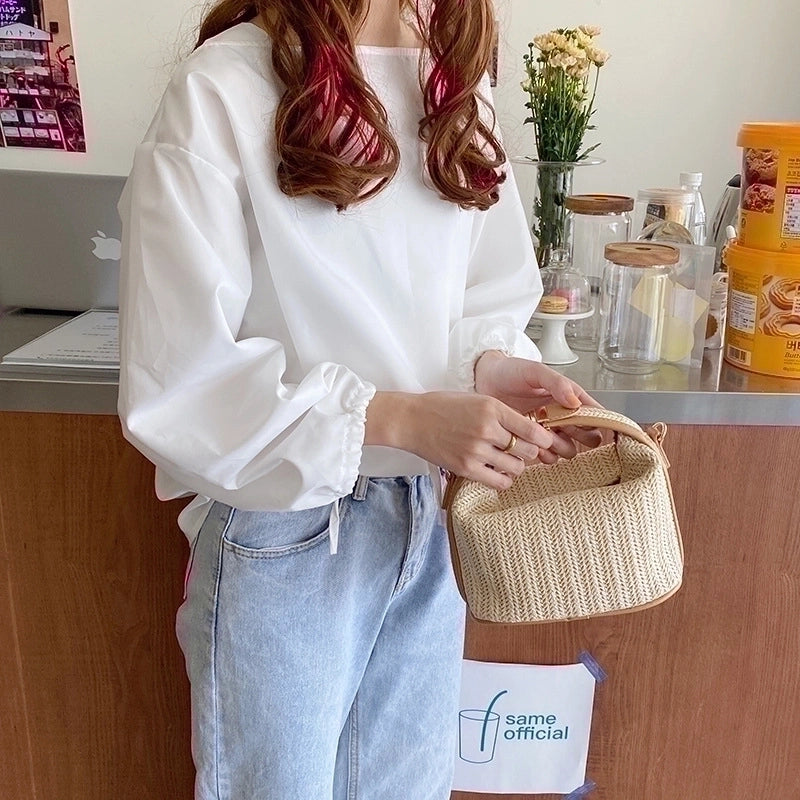 Women's Small Straw None Streetwear Weave Bucket Zipper Women's Handbag Square Bag