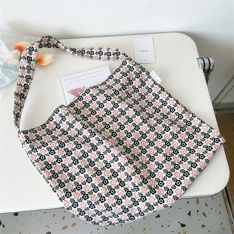 Women's Medium Canvas Flower Basic Classic Style Square Open Canvas Bag