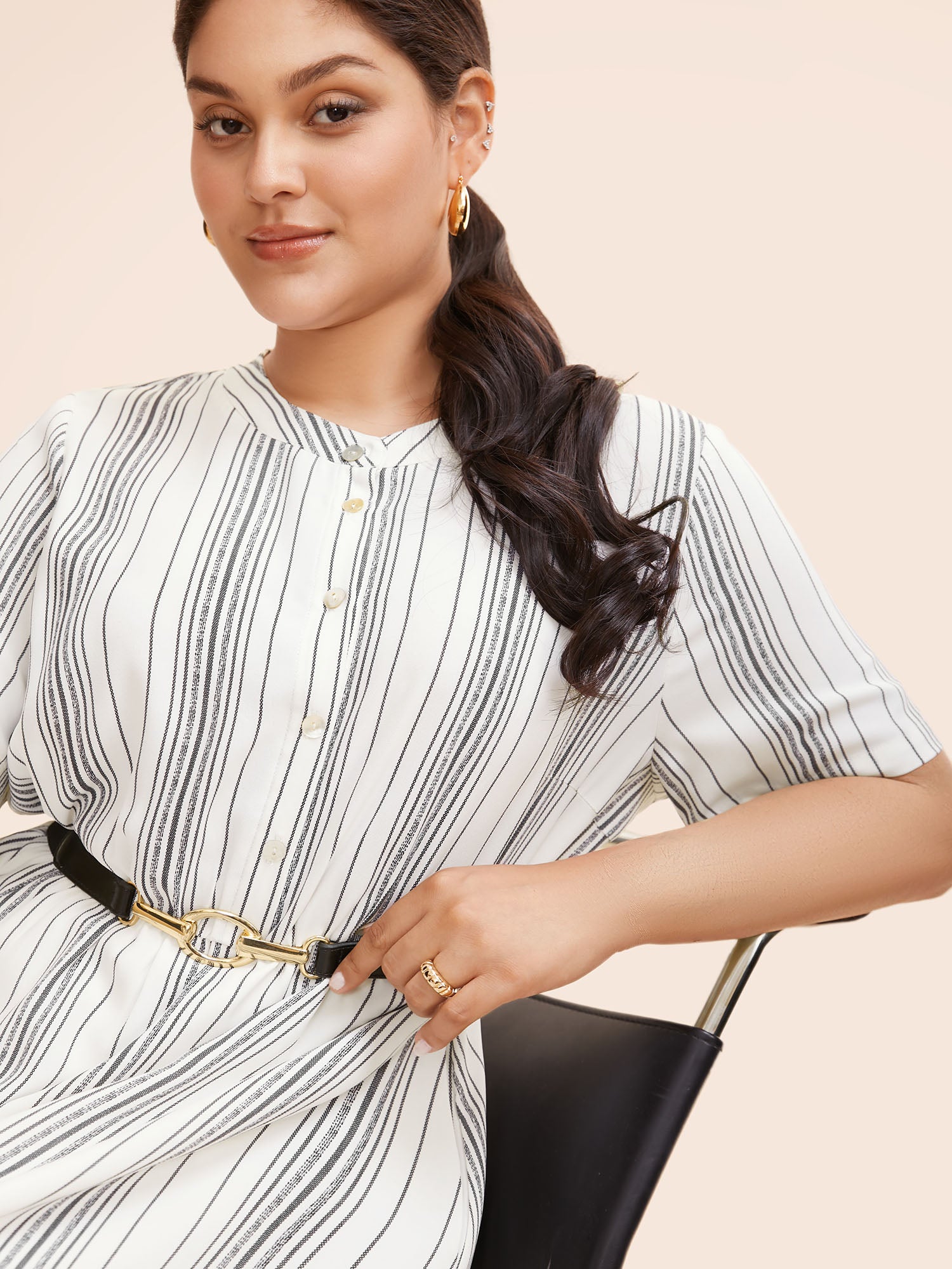 Round Neck Striped Button Up Midi Dress