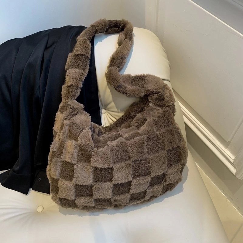 Women's Autumn&winter Plush Color Block Streetwear Square Zipper Shoulder Bag Underarm Bag
