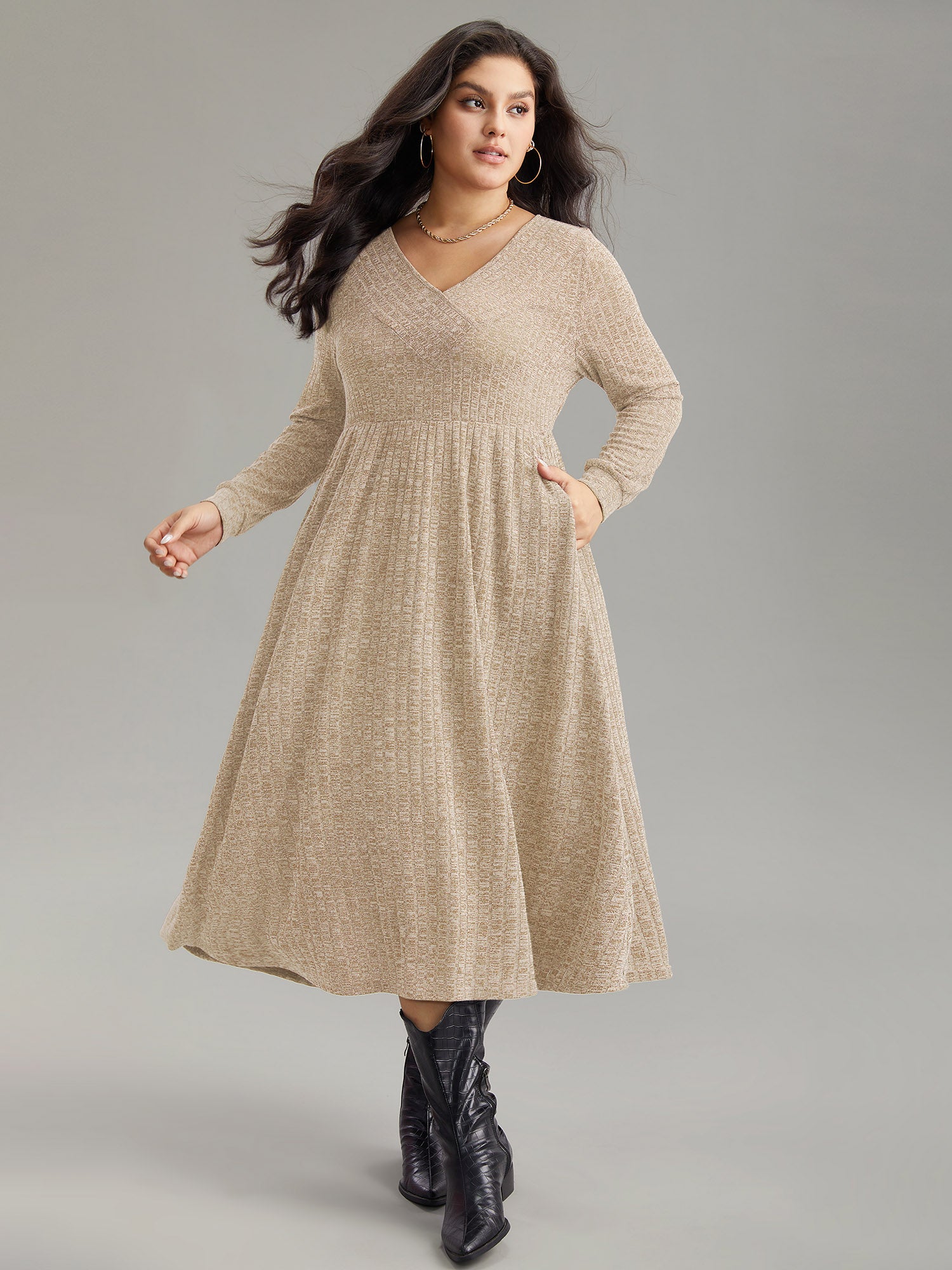 Rib Knit Plain Plisse Long Sleeve Dress