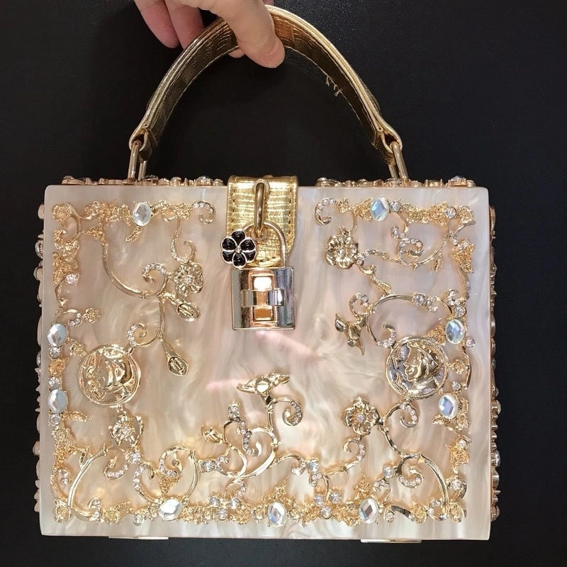 Black White Gold Arylic Flower Hollow Square Evening Bags