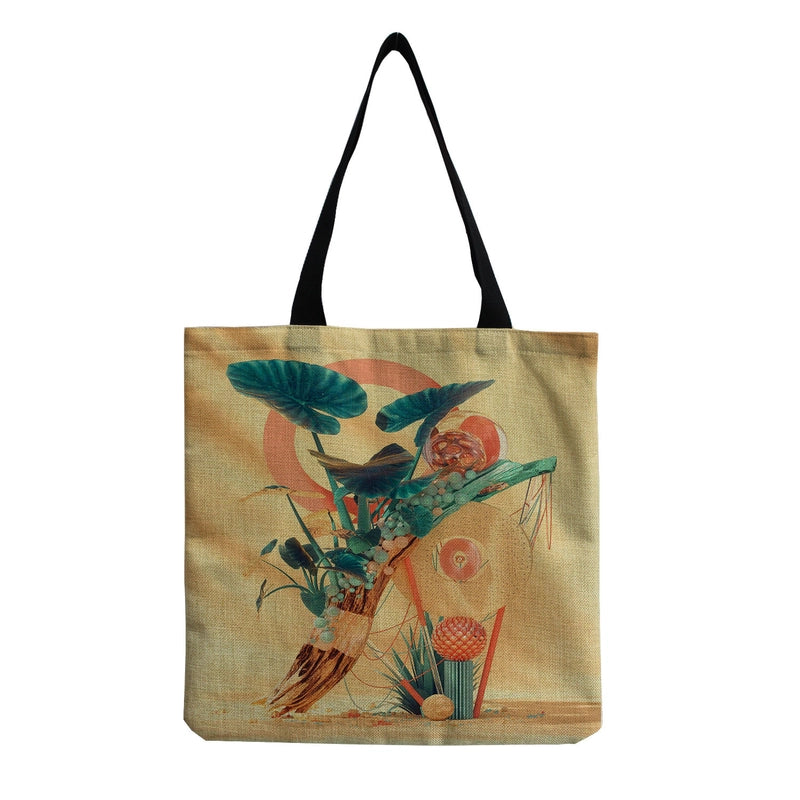Unisex Linen Plant Fruit Basic Square Open Shoulder Bag