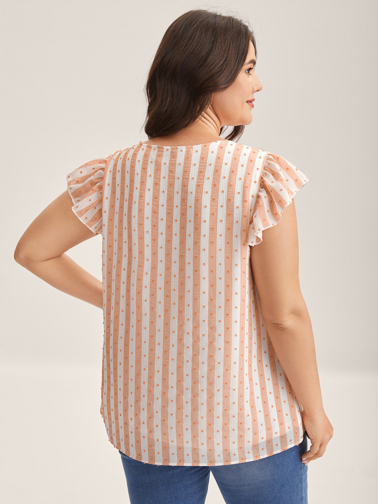 Textured Stripe Print Flutter Sleeve Blouse