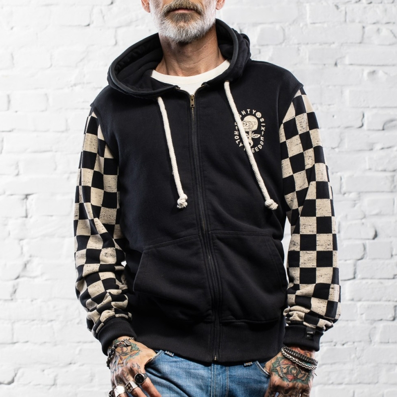 Retro Motorcycle Cotton Checkerboard Long Sleeve Hooded Zipped Jacket
