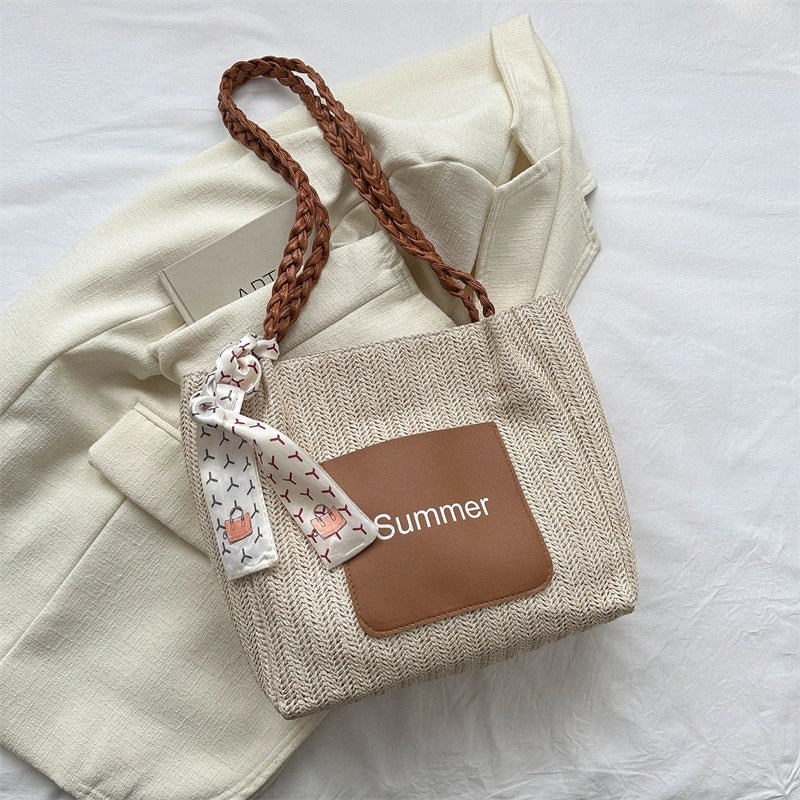 Women's Medium Straw Letter Color Block Vacation Beach Zipper Tote Bag