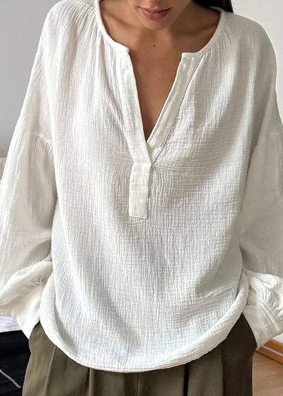 Plus Size White V Neck Patchwork Cotton T Shirts Fall
