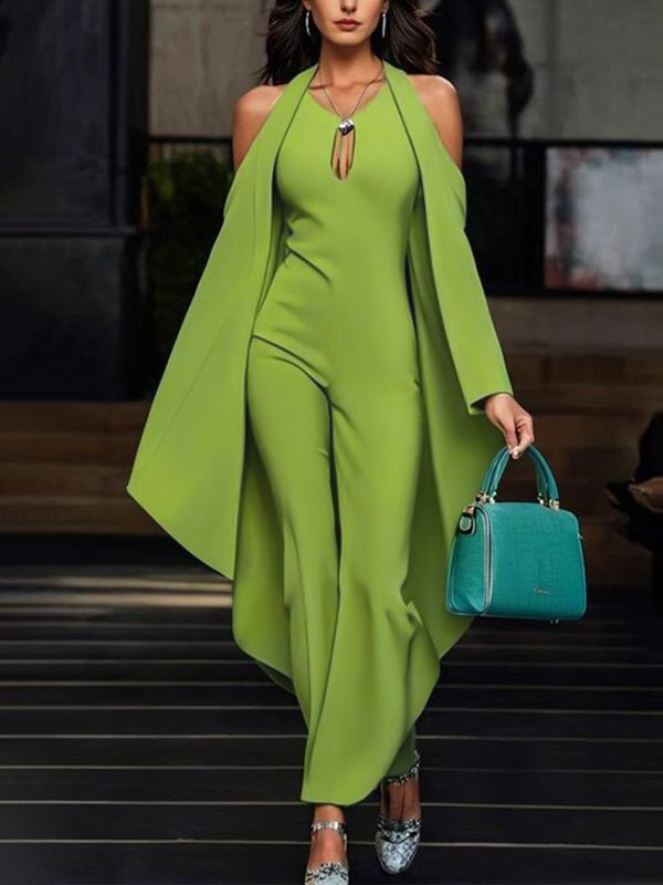 Batwing Sleeves Loose Hollow Solid Color Split-Joint Cold Shoulder Jumpsuits