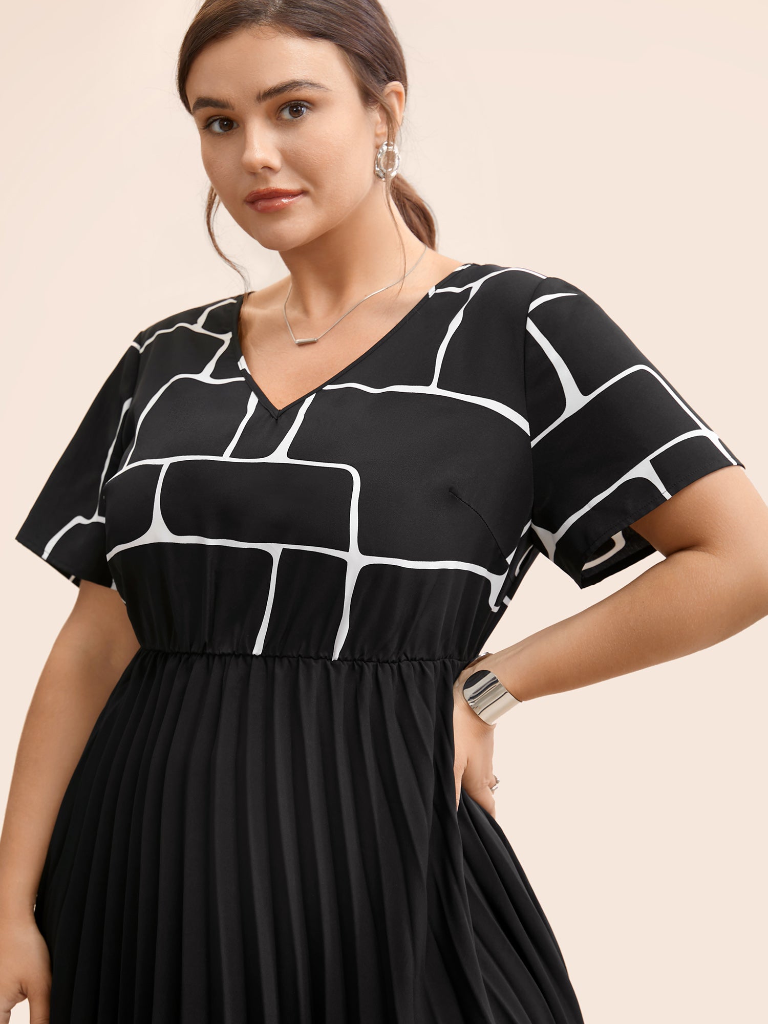 Geometric Patchwork Pleated Midi Dress