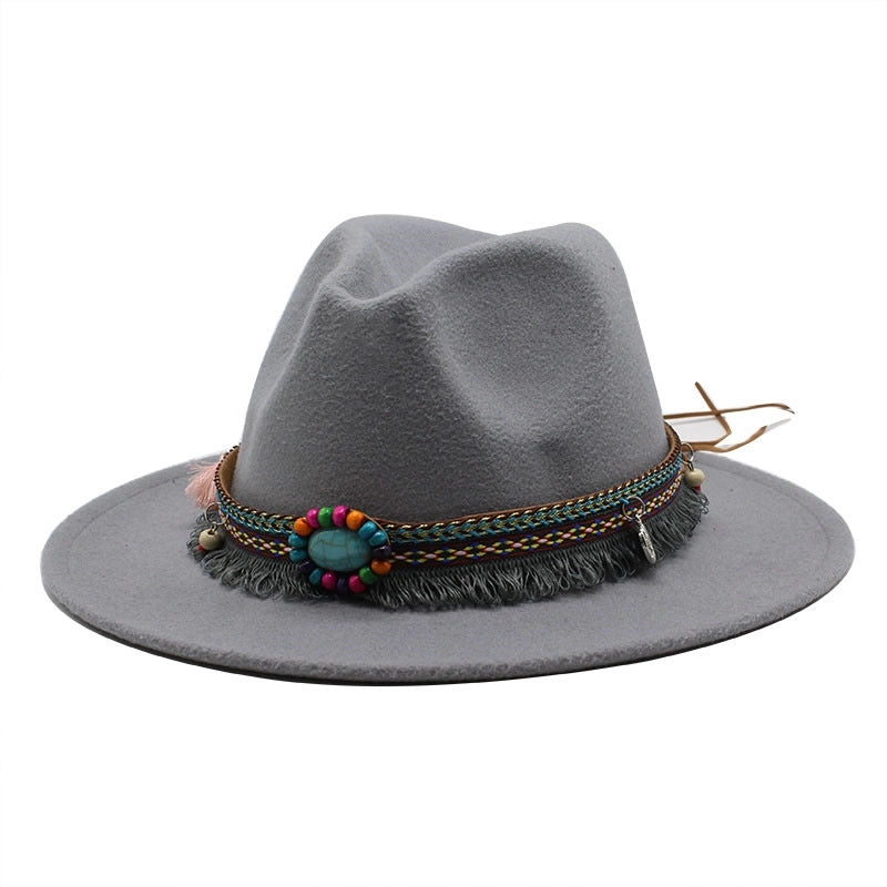 Designed Hot Sale Woolen Hat Women's Ethnic Style Retro Flat Brim Big Brim Jazz Hat