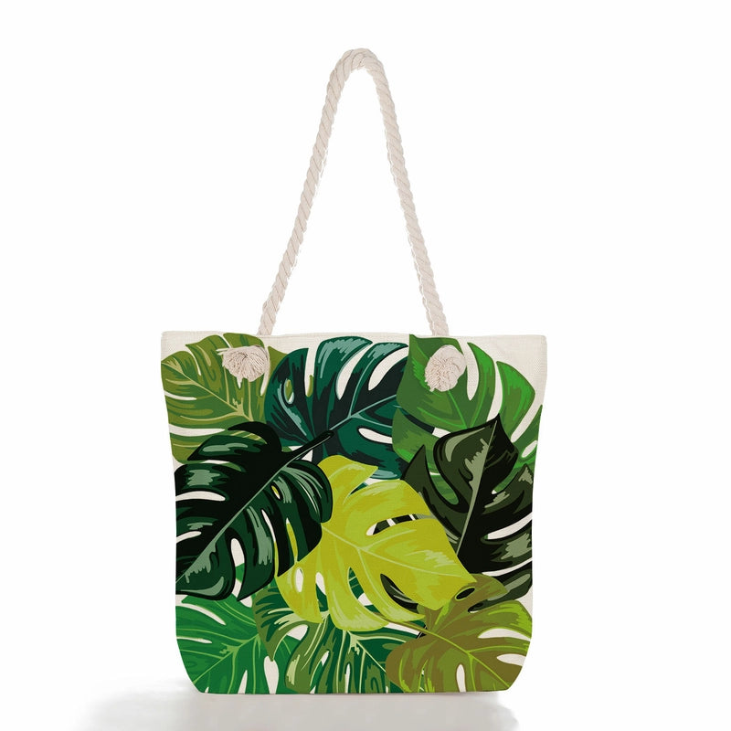 Green Leaf Printed Cotton Rope Bag Large Capacity Shoulder Bag Student Book Tote Bag Printable Logo