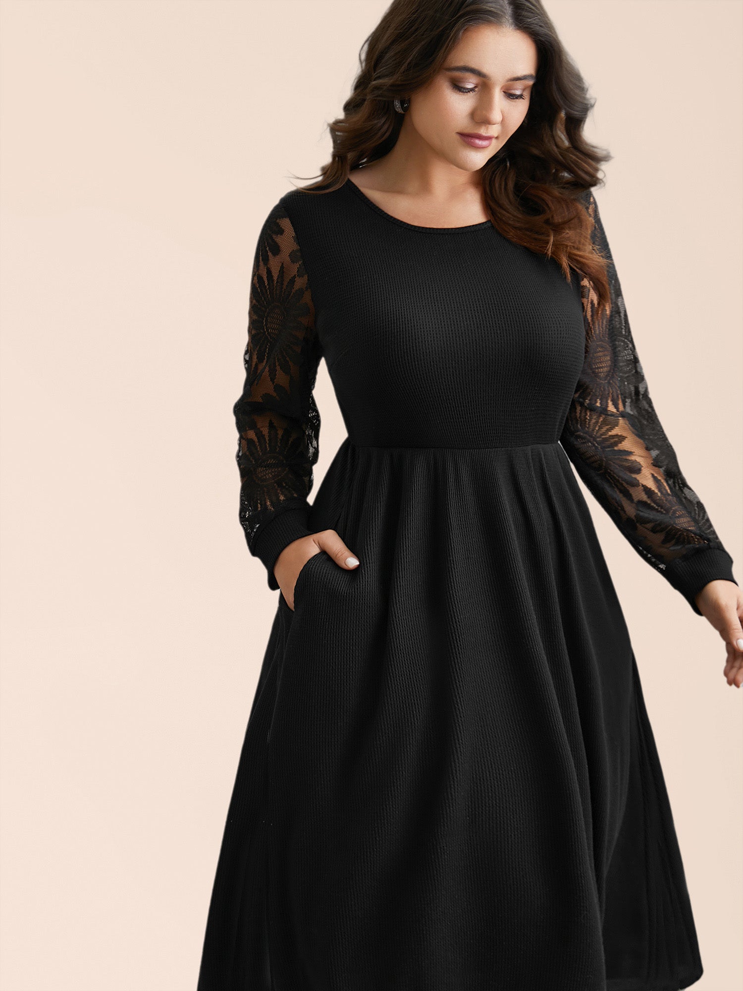 Sheer Textured Sleeve Waist Cinched Midi Dress