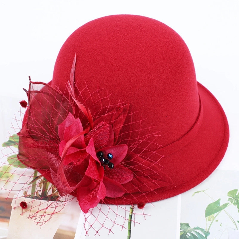 Women's Woolen Autumn And Winter New Dome Bowler Hat Female  Hepburn Style Yarn Flower Basin Hat Flat Brim Elegant Felt Hat