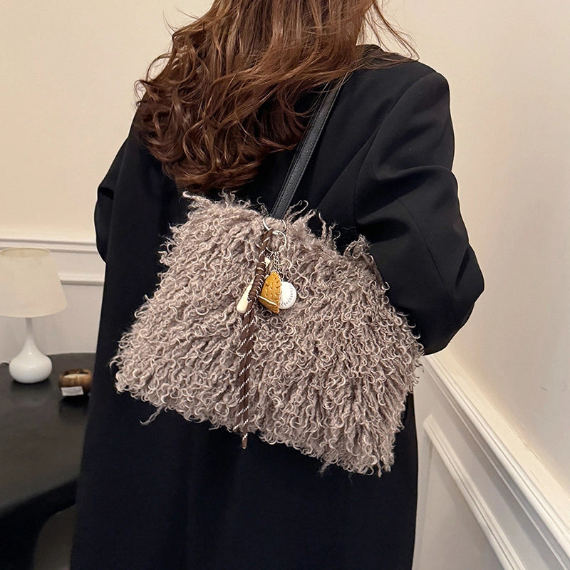 Women's Plush Solid Color Streetwear Sewing Thread Square Magnetic Buckle Shoulder Bag