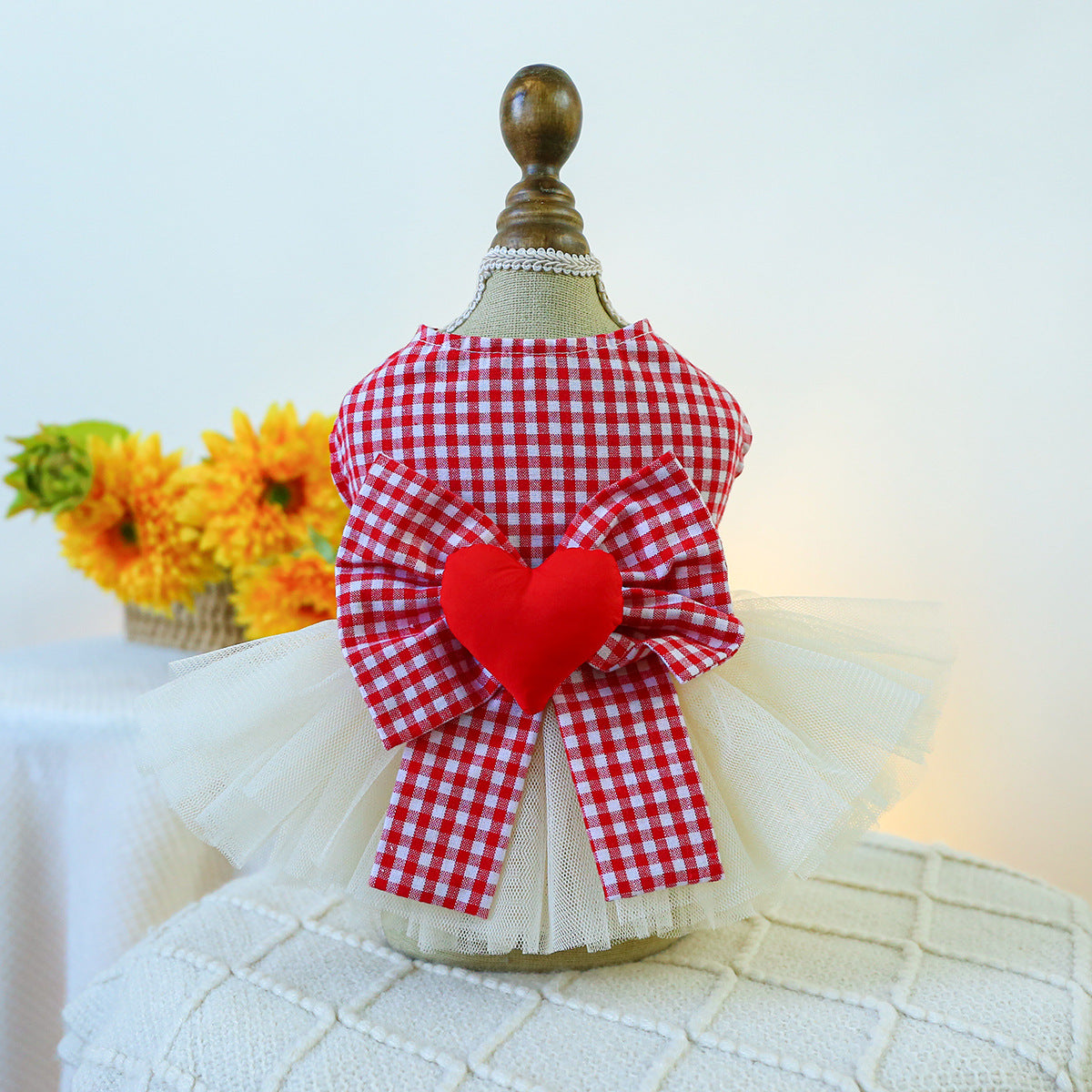 Heart Plaid Bow Dog Lace Dress