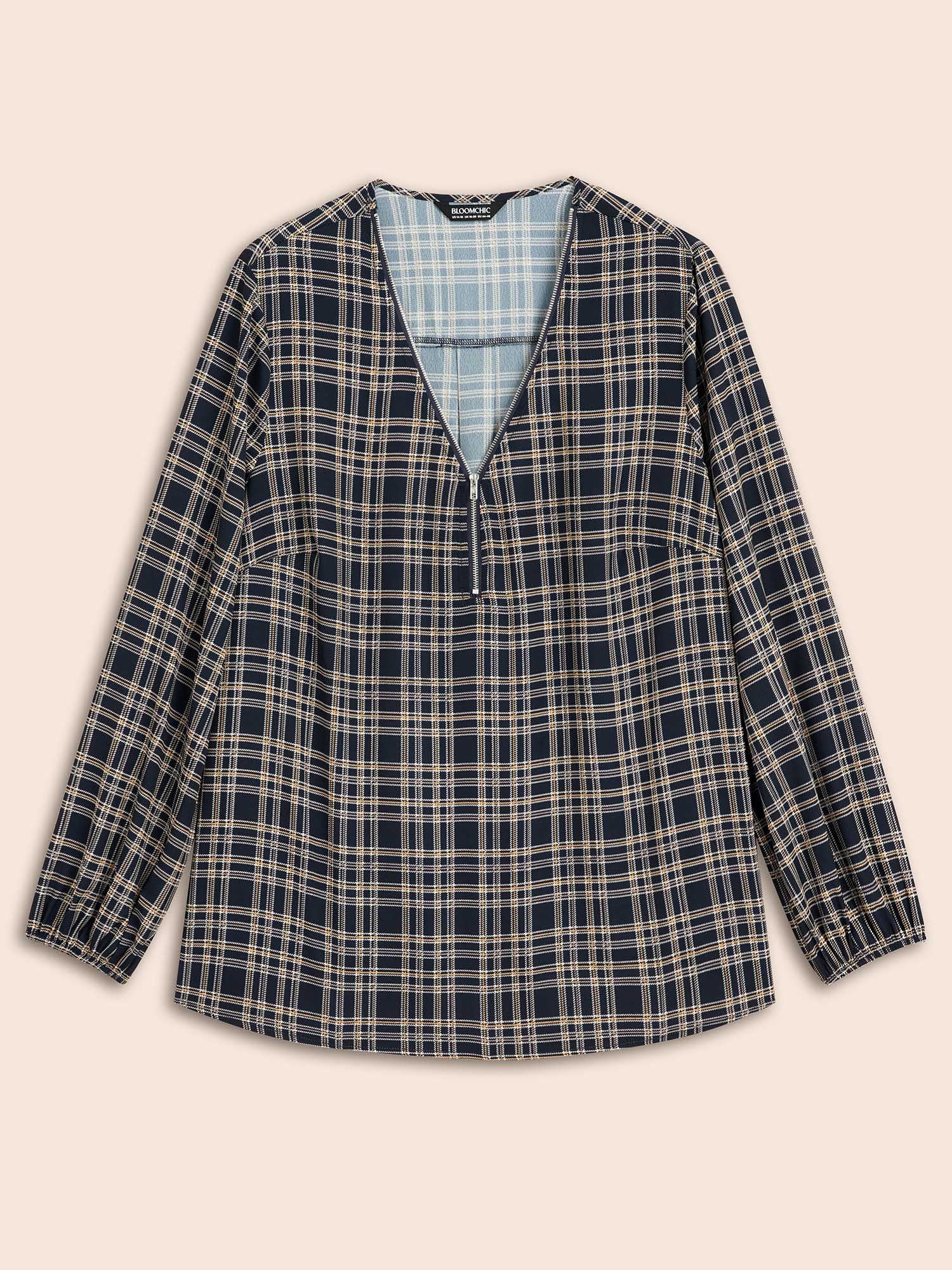 Plaid Zipper Front Lantern Sleeve Blouse