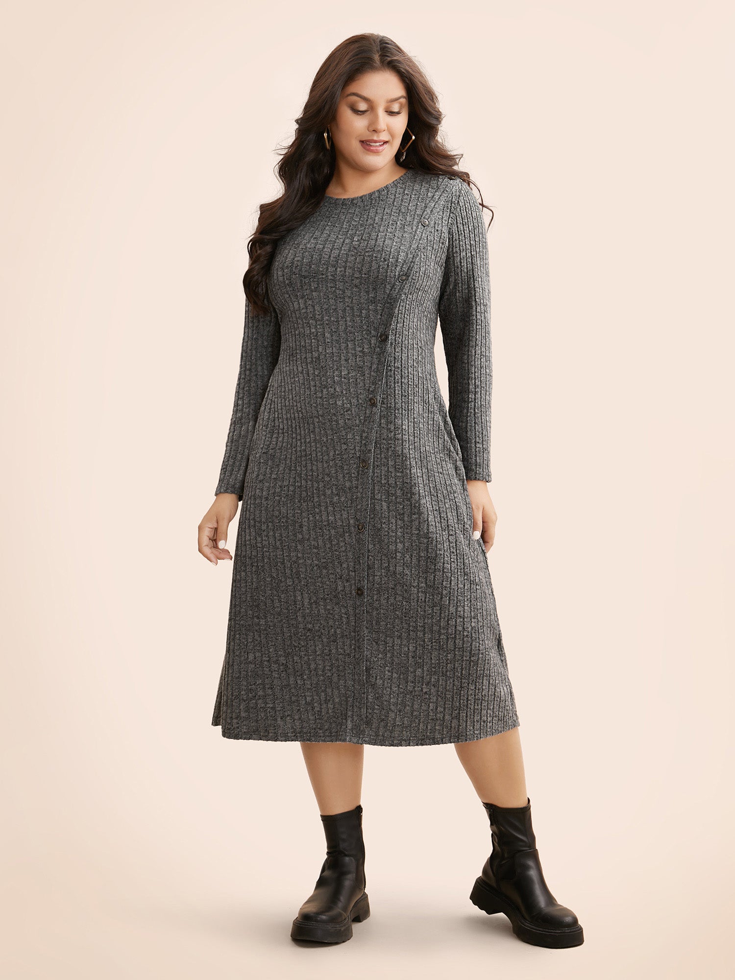 Crew Neck Button Detail Slim Fit Dress