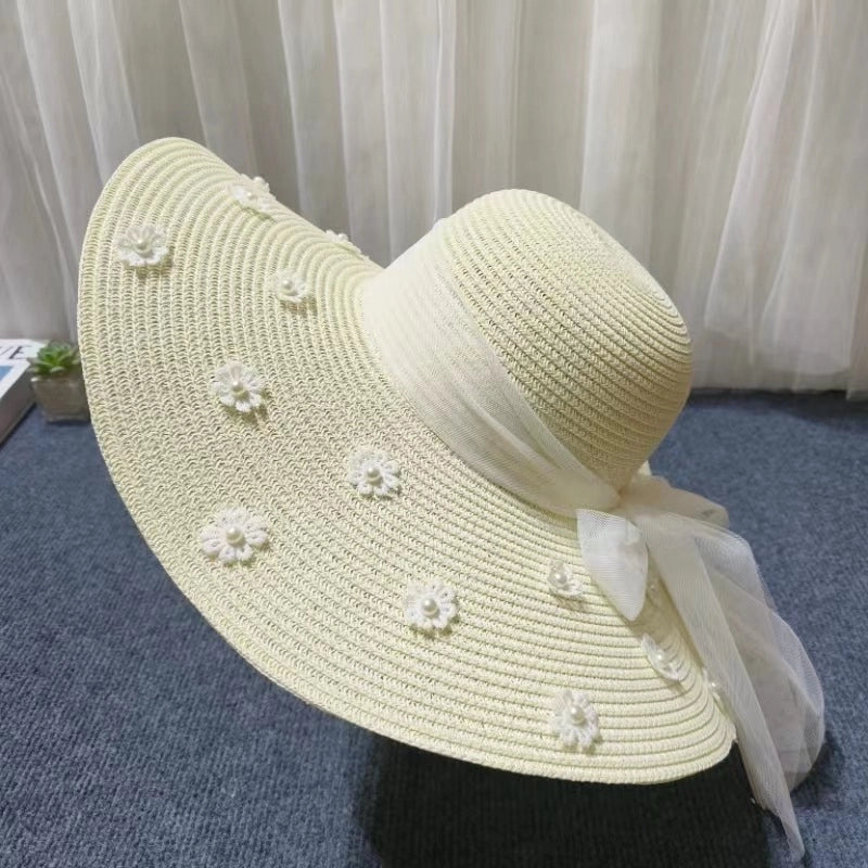 Women's Cute Sweet Minimalist Flower Embroidery Pearl Wide Eaves Straw Hat