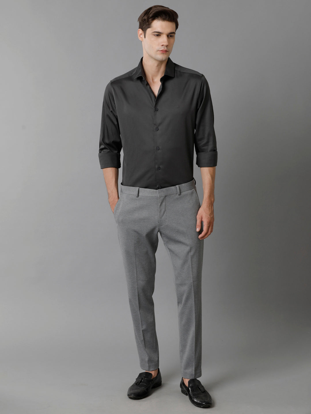 Mens Regular Fit Solid Grey Formal Satin Shirt (SACGY)