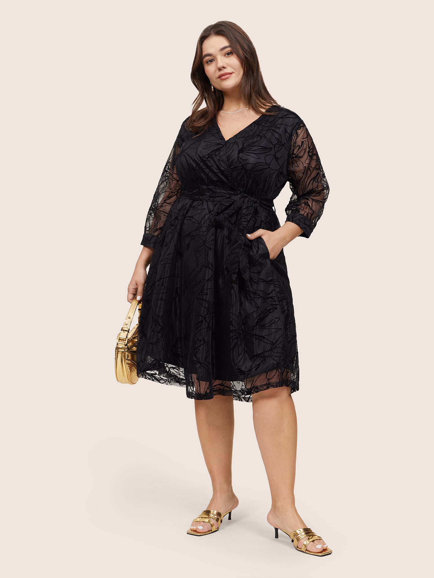 Floral Flocked Tulle Belted Dress