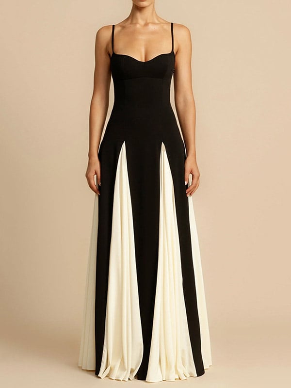 A-Line Sleeveless Contrast Color Pleated Split-Joint Spaghetti-Neck Evening Dresses Maxi Dresses