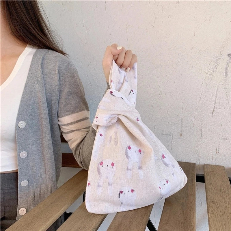 Women's Small Canvas Cartoon Bear Cat Vacation Open Handbag