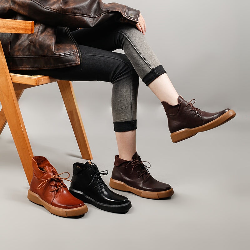 Cowhide Leather Lace-Up Lightweight Short Fold Over Collar Boots Caramel Red/Brown/Black