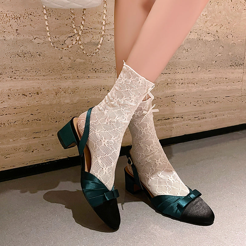 Elegant Colorblock Slingback Sandals with Bow Satin Closed-Toe Dress Shoes in Green/White/Pink