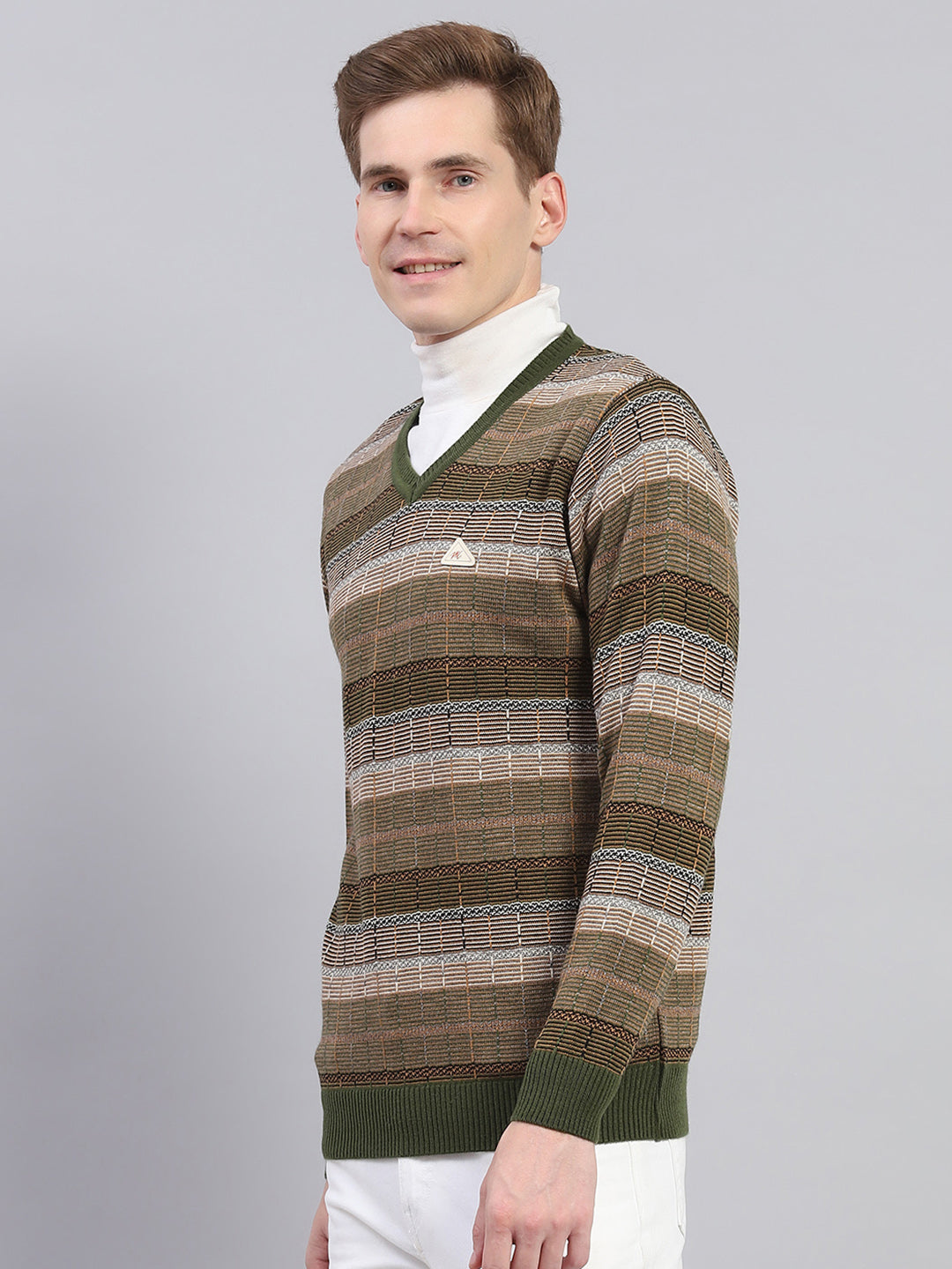 Men Green & Brown Stripe V Neck Full Sleeve Pullover