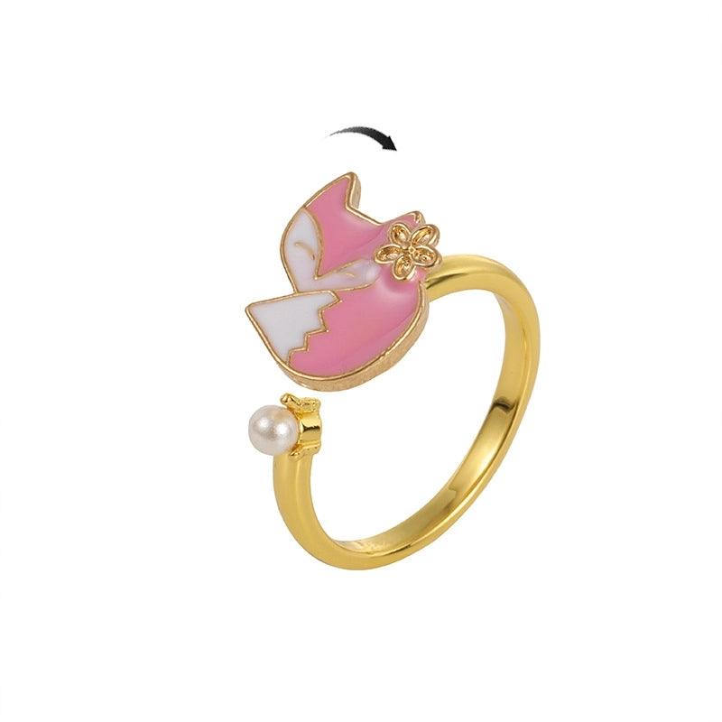 Cute Animal Smile Face Flower Copper Artificial Pearls Open Ring In Bulk