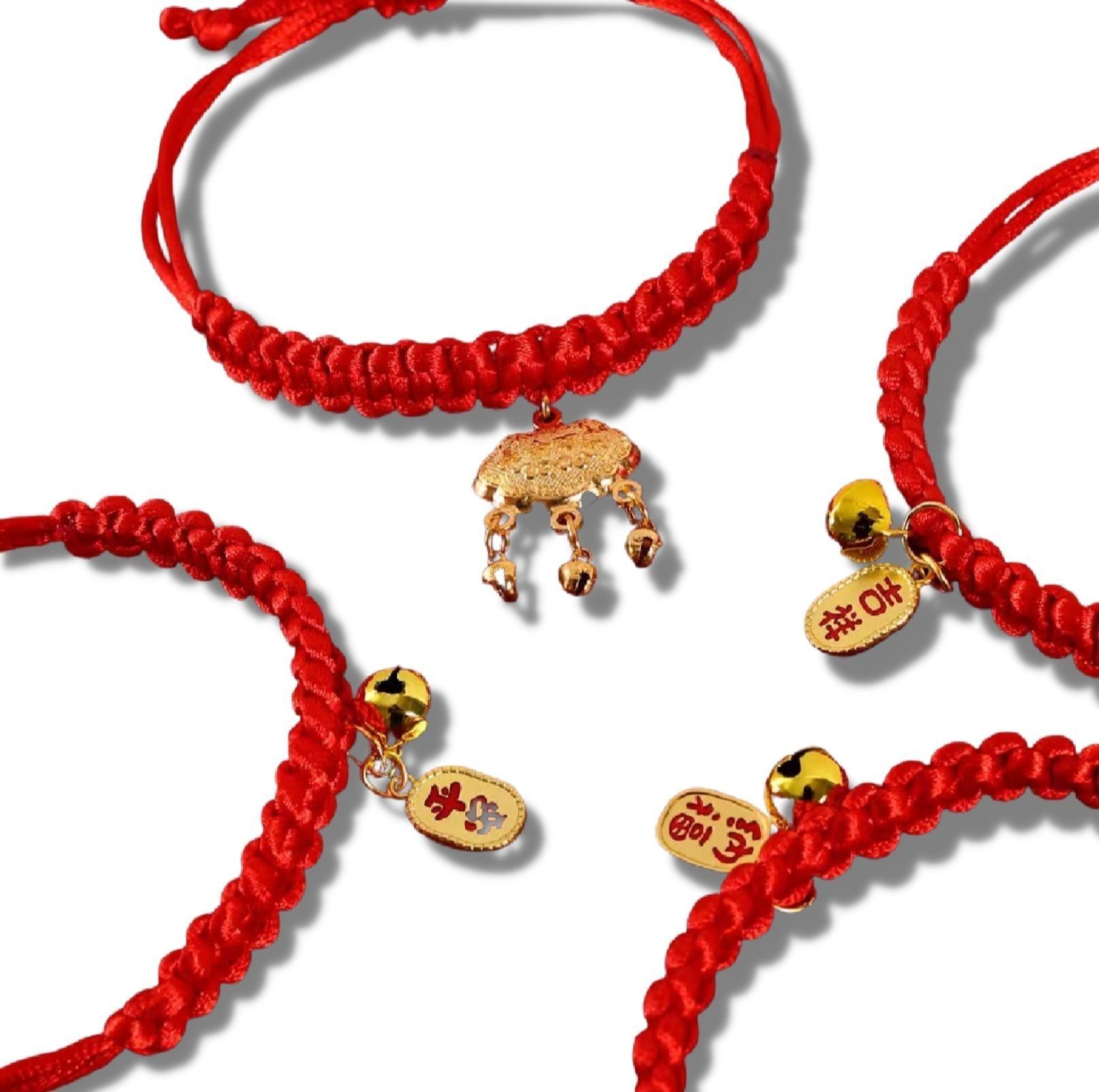 Pet Woven Red String Adjustable Collar With Chinese Style Forturne Pendants