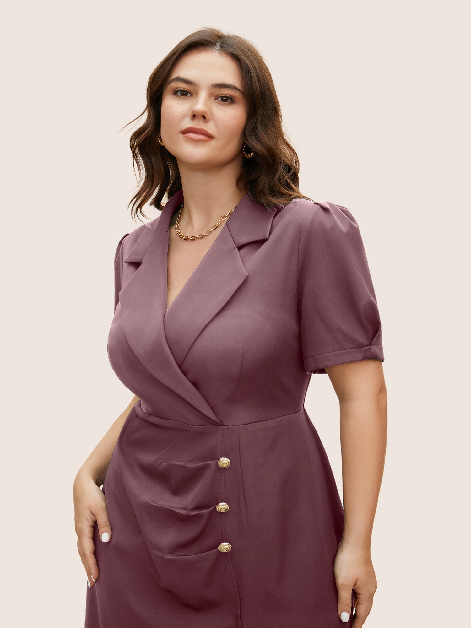 Suit Collar Metal Detail Lantern Sleeve Dress