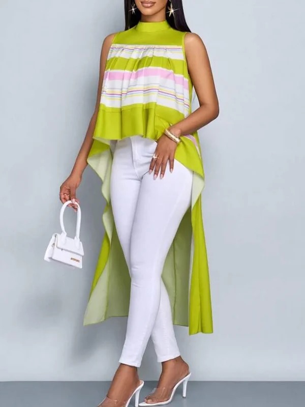 High-Low Loose Contrast Color Pleated Mock Neck Vest Top