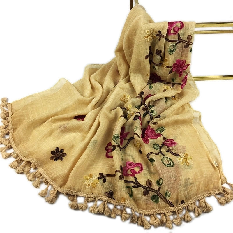 Women's Minimalist Leaves Solid Color Flower Cotton And Linen Embroidery Tassel Scarf Shawl
